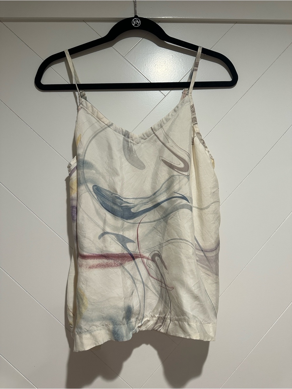 Athleta Cream Abstract Satin Cami with Blue and Gray Swirls